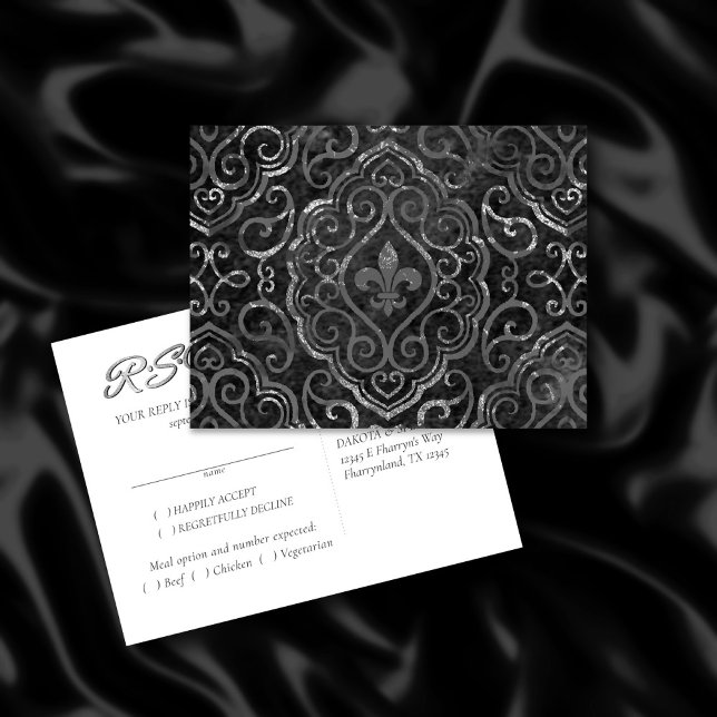 Vintage Lilie | Black Silver Grunge Damask Einladungspostkarte (Von Creator hochgeladen)