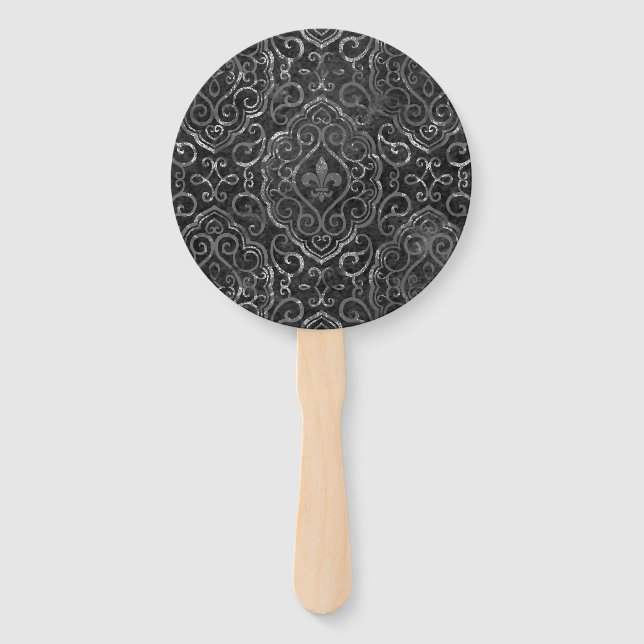 Vintage Lilie | Black Silver Grunge Damask Fächer (Vorderseite)