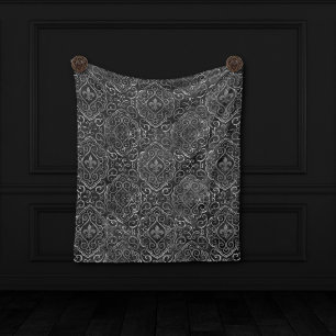 Vintage Lilie   Black Silver Grunge Damask Fleecedecke
