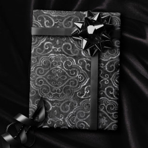 Vintage Lilie   Black Silver Grunge Damask Geschenkpapier