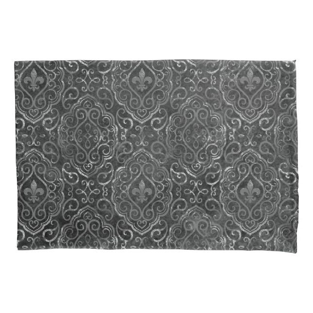 Vintage Lilie | Black Silver Grunge Damask Kissenbezug (Vorderseite)