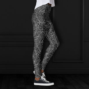 Vintage Lilie Black Silver Grunge Damask Leggings