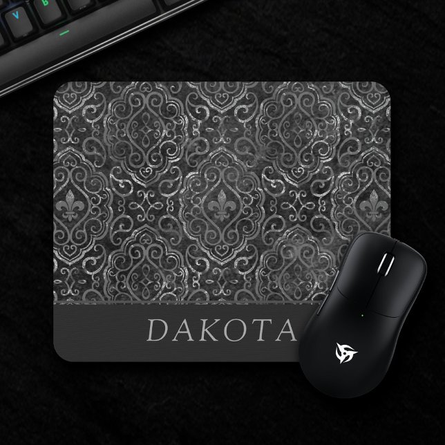 Vintage Lilie | Black Silver Grunge Damask Mousepad (Von Creator hochgeladen)