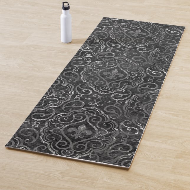 Vintage Lilie | Black Silver Grunge Damask Yogamatte (Beispiel)