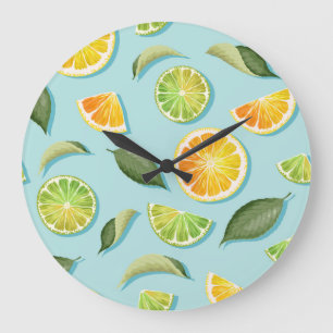 Vintage-Limette-Zitrone-Blau-Muster Große Wanduhr