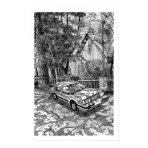 Vintage-Limousine-Tusche-Skizze Schwarz-Weiß-Retro