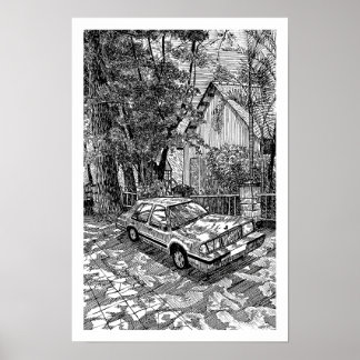 Vintage-Limousine-Tusche-Skizze Schwarz-Weiß-Retro Poster