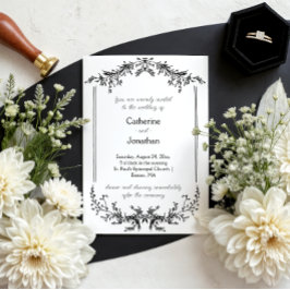 Vintage Line Drawn Floral Black & White Wedding | Einladung