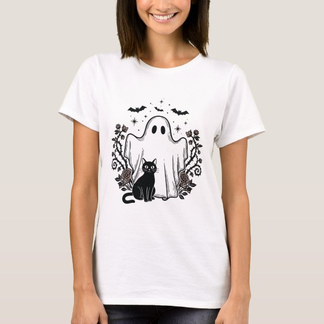 Vintage Linocut Spooky Cat & Ghost T-Shirt (Vorderseite)