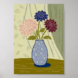 Vintage Linolschnitt-Dahlien in texturierter blaue Poster