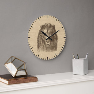Vintage Lion Illustration auf Burlap   Große Wanduhr