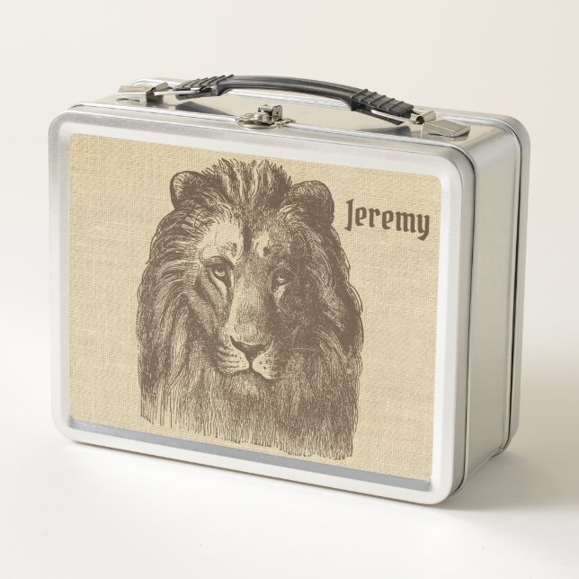 Vintage Lion Illustration auf Burlap Personalisier Metall Brotdose (Vorderseite)