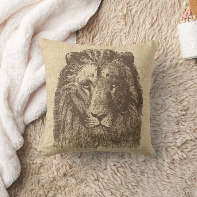 Vintage Lion-Illustration auf Burlap Throw Kissen (Decke)