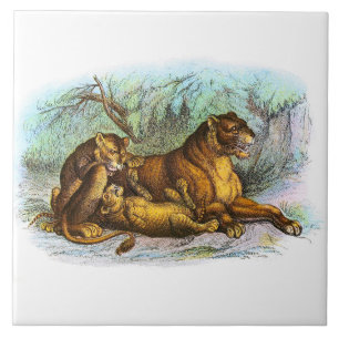 Vintage Lioness- und Cubs-Tierdarstellung Fliese