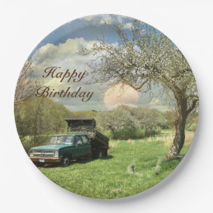 Vintage-LKW-Sonnenuntergang Alles Gute zum Geburts Pappteller