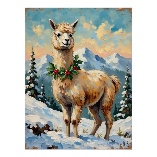 Vintage Llama in Snowy Christmas Meadow Poster (Vorderseite)