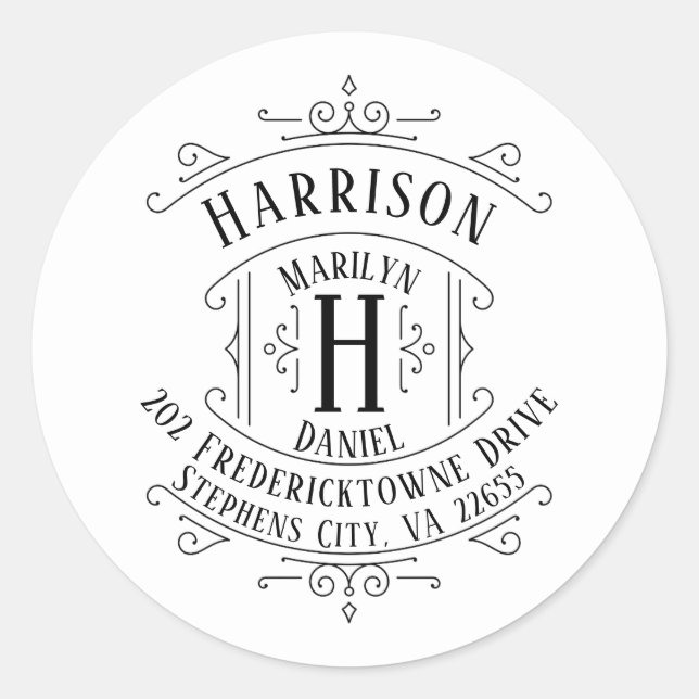 Vintage Logo Art Deco Wirbel Rücksendeadresse Runder Aufkleber (Vorderseite)