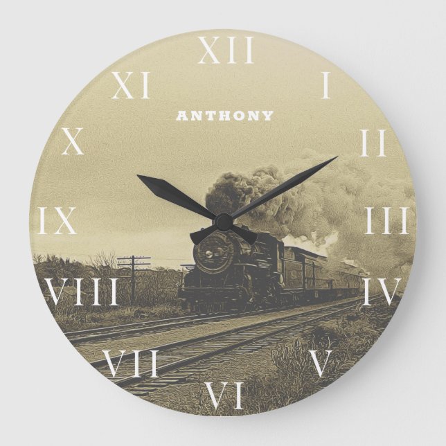 Vintage Lokomotivbahn Motor Steam Große Wanduhr (Vorderseite)