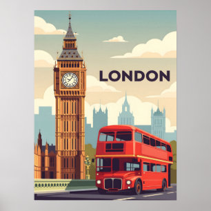 Vintage London mit Big Ben und rotem Bus Poster