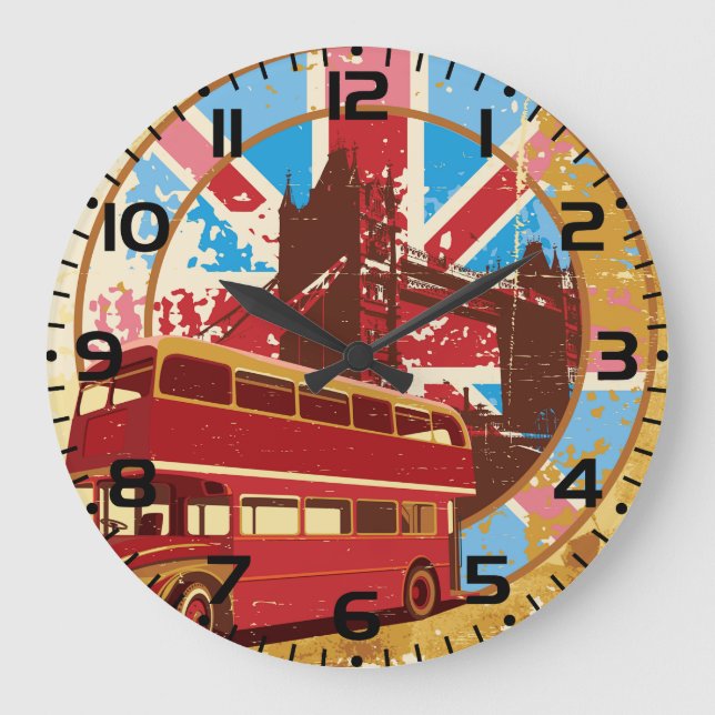 Vintage London Red Double Decker Bus Große Wanduhr (Vorderseite)