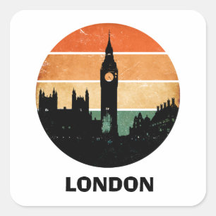Vintage-London-Sonnenuntergangs-Stadtlandschaft-Re Quadratischer Aufkleber