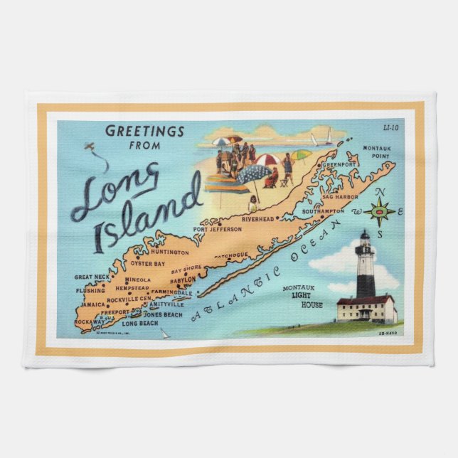 Vintage Long Island-Karte mit Rahmen Geschirrtuch (Horizontal)