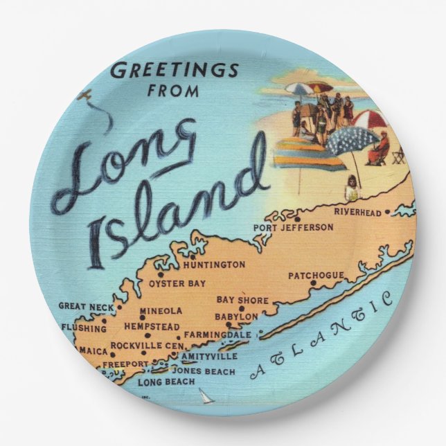 Vintage Long Island Karte Pappteller (Vorderseite)