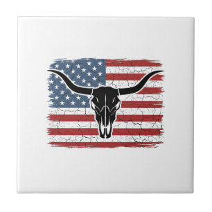 Vintage-Longhorn-Schädel-Amerikanische-Flagge-Vekt Fliese