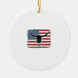 Vintage-Longhorn-Schädel-Amerikanische-Flagge-Vekt Keramik Ornament