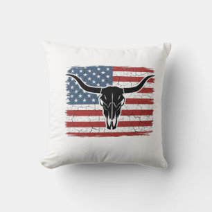 Vintage-Longhorn-Schädel-amerikanische-Flagge-Vekt Kissen