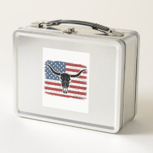 Vintage-Longhorn-Schädel-Amerikanische-Flagge-Vekt Metall Brotdose