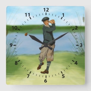 Vintage look Golfer Golf raking a swing Quadratische Wanduhr
