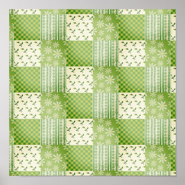 Vintage-Look Grün und Ecru Patchwork  Poster (Vorne)
