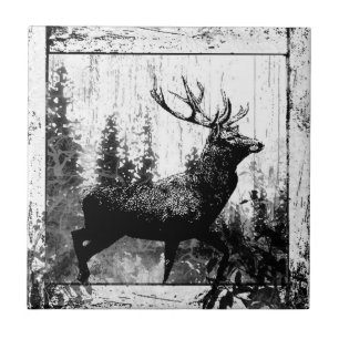 Vintage-Look Hirsch in Schwarz-Weiß, Tier Fliese