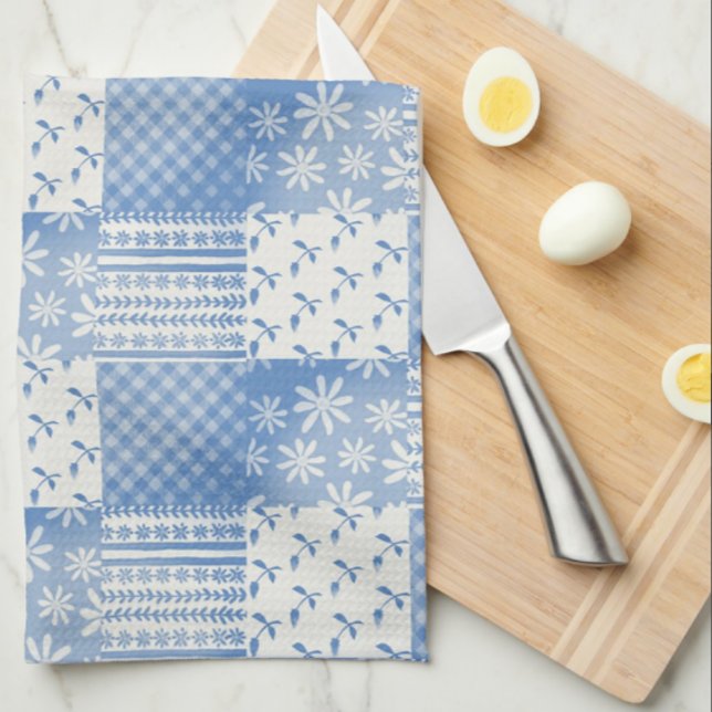 Vintage-Look Jeansblau Cremeweißes Patchwork  Geschirrtuch (Perfect patchwork kitchen towel!)