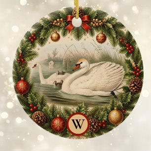 Vintage-Look-Schwan-und-Baby-Cygnets-individuelle- Keramik Ornament