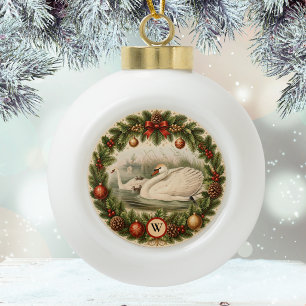Vintage-Look-Schwan und Baby-Schwäne benutzerdefin Keramik Kugel-Ornament