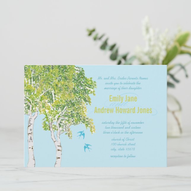 Vintage Love Bird Birch Tree Einladung Hochzeit (Stehend Vorderseite)