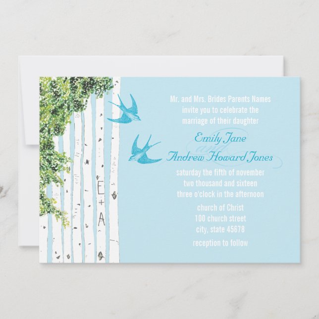Vintage Love Bird Birch Tree Einladung Hochzeit (Vorderseite)