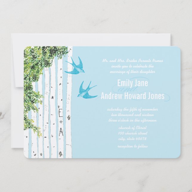 Vintage Love Bird Birch Tree Einladung Hochzeit (Vorderseite)