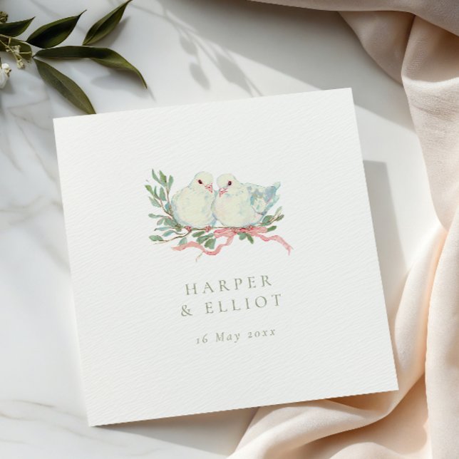 Vintage Love Birds & Bow Sage & Pink Wedding Serviette (Von Creator hochgeladen)