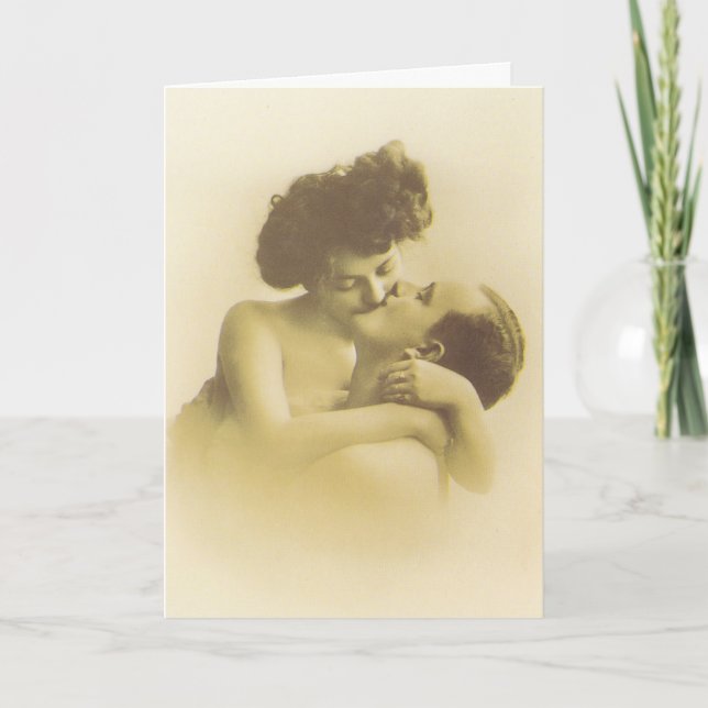 Vintage love couple kissing sepia illustration karte (Vorderseite)