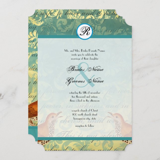 Vintage Lovebirds Lagoon Endive Wedding Einladung (Vorne/Hinten)