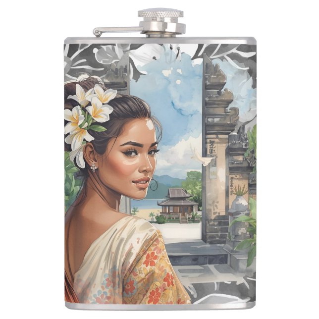 Vintage, Lovely Bali Women and Tropical Paradise  Flachmann (Vorderseite)