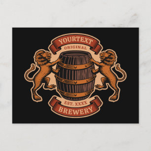 Vintage-Löwe-Eichenfass personalisierte Brauerei B Postkarte
