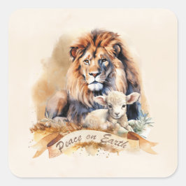 Vintage Löwen- und Lamm-Weihnachtskarten Quadratischer Aufkleber