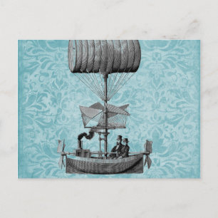 Vintage Luftboot Blauer Damast Postkarte