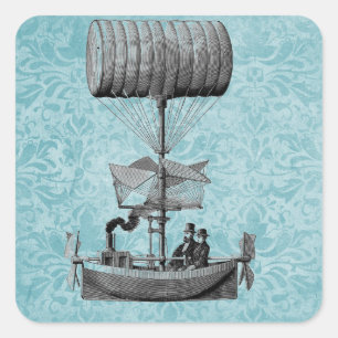 Vintage Luftboot Blauer Damast Quadratischer Aufkleber