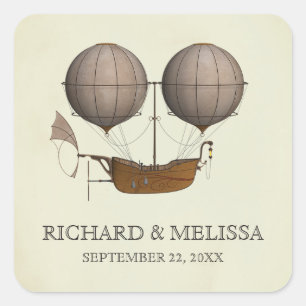 Vintage-Luftschiff-Heißluftballon-Hochzeit Quadratischer Aufkleber