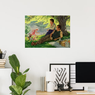 Vintage lustige Familienpicknick unter einem schat Poster